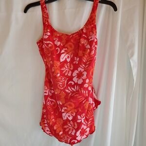 Le Cove Size 14‎ Red Hawiian Floral One Piece Bathing Suit Skirted Swim Suit